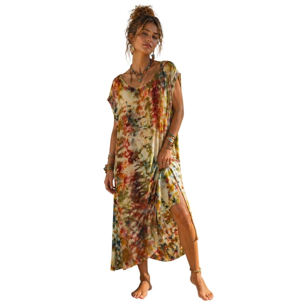 Boho Artsy Rainbow Tie Dye Oversized Maxi Kaftan Dress Coastal Casual Lagenlook